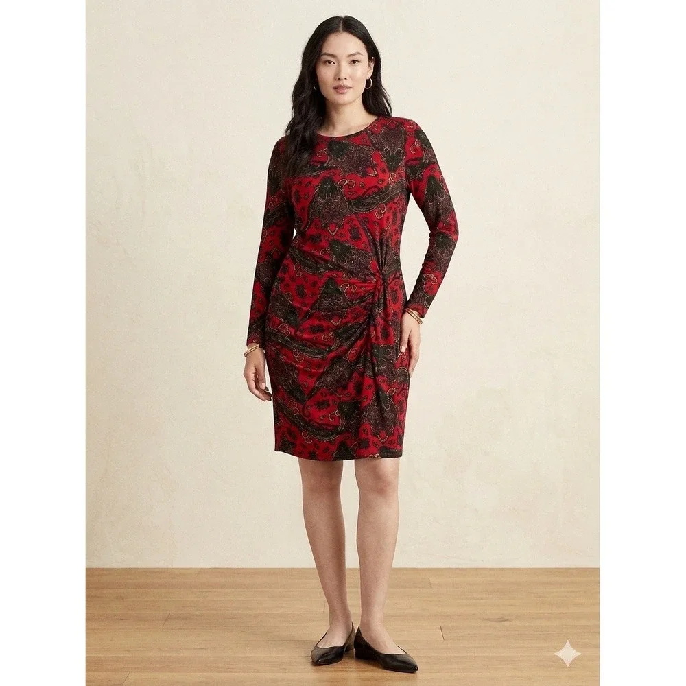 Ralph Lauren Timeless Sophisticated Paisley Twist-Front Red Blck Sheath Dress 10